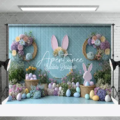 Aperturee Floral Decor Blue Wall Eggs Bunny Easter Backdrop, 3X2FT(1MX0.6M), 14 USD, easter backdrops, ENHD3J53-M