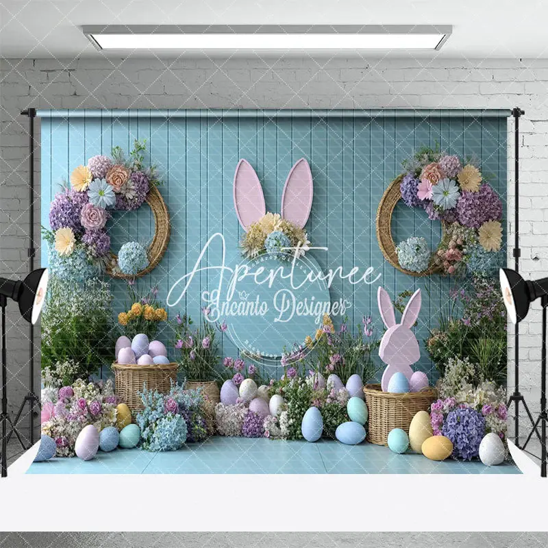 Aperturee Floral Decor Blue Wall Eggs Bunny Easter Backdrop, 3X2FT(1MX0.6M), 14 USD, easter backdrops, ENHD3J53-M