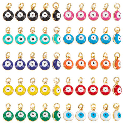 Beebeecraft 50Pcs 10 Colors Evil Eye Charms Round Enamel Evil Eye Pendant 18K Gold Plated Lucky Eye for DIY Jewelry Earring N...