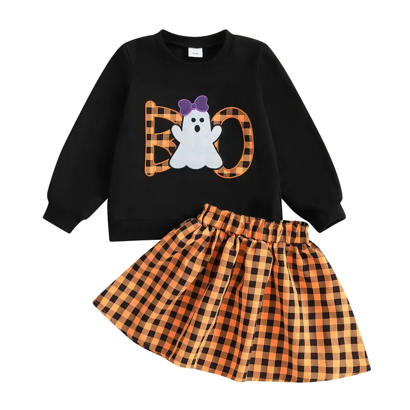 Toddler Girls 2Pcs Halloween Outfits Long Sleeve Ghost Embroidery Sweatshirt + Skirt Set Baby Clothes