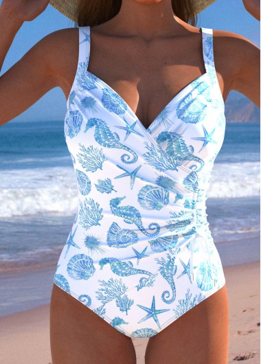 Modlily Surplice Marine Life Print White One Piece Swimwear - L