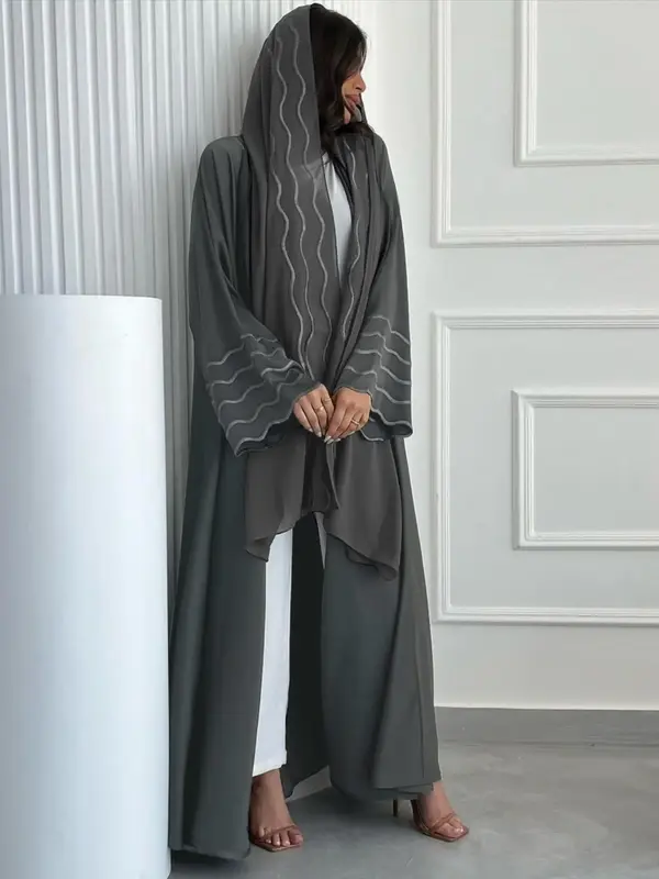 Women's Solid Abaya Set, Elegant Long Sleeve Open Front Abaya & Hijab Set, Women's Islamic Clothing for Fall & Winter