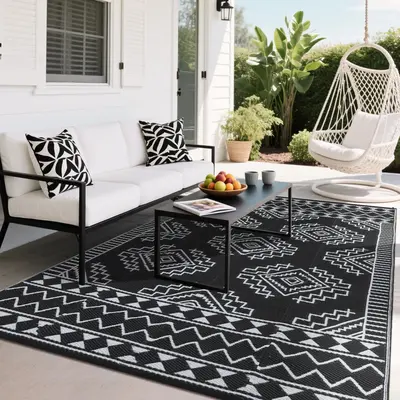 Garvee Outdoor Black & White 9x18 Large Rug Waterproof Plastic Straw Foldable Lightweight with Stakes Storage Bag Reversible ...