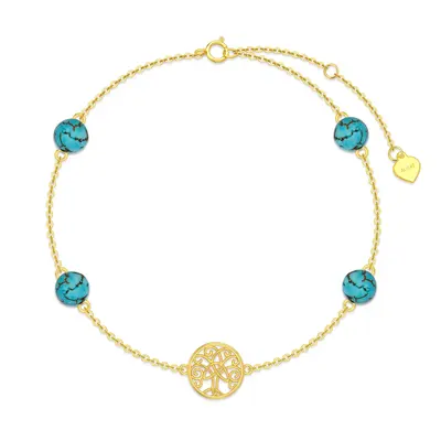 14K Gold Turquoise Tree Of Life Charm Bracelet