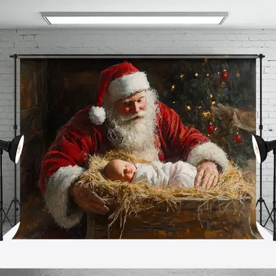 Santa Claus Retro Hay Tub Nativity Christmas Backdrop - Aperturee