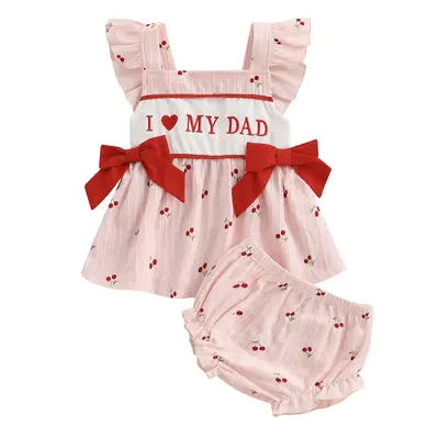 Infant Baby Girl Father's Day Outfits Flying Sleeve I Love My Dad Cherry Print Bow Tops Bloomers Shorts Summer Cute Clothes S...
