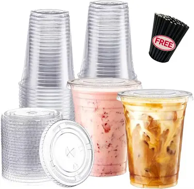 [FREE STRAWS] 200 Sets Clear Plastic Cups With Flat Lids, Disposable Cups With Lids for Cold Drinks, Milkshake, Smoothie, Ice...