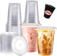 [FREE STRAWS] 200 Sets Clear Plastic Cups With Flat Lids, Disposable Cups With Lids for Cold Drinks, Milkshake, Smoothie, Ice...