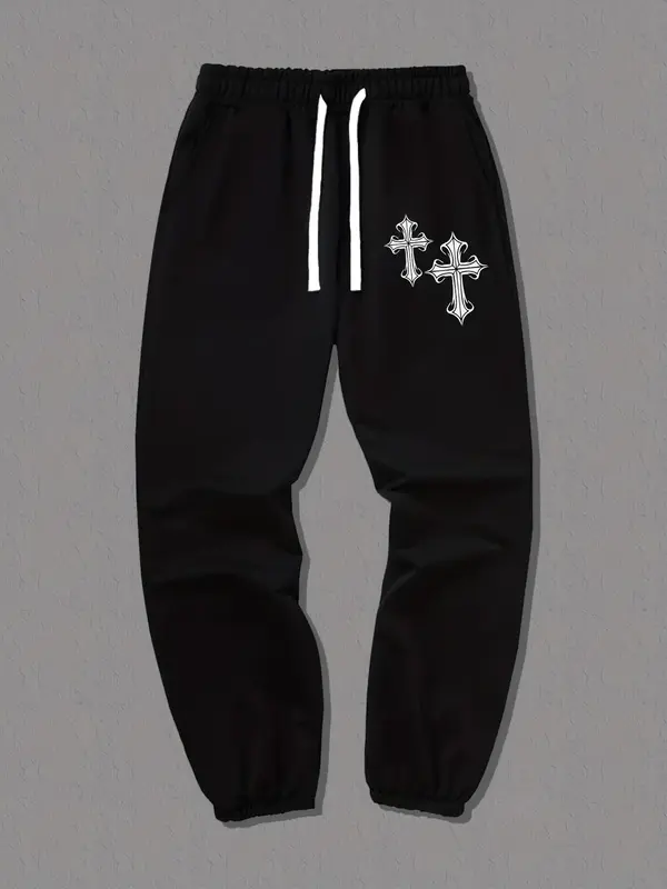 Men's Regular Fit Cross Print Pocket Drawstring Waist Sweatpants, Casual Soft Comfortable Jogger Pants For Daily Wear, men's ...