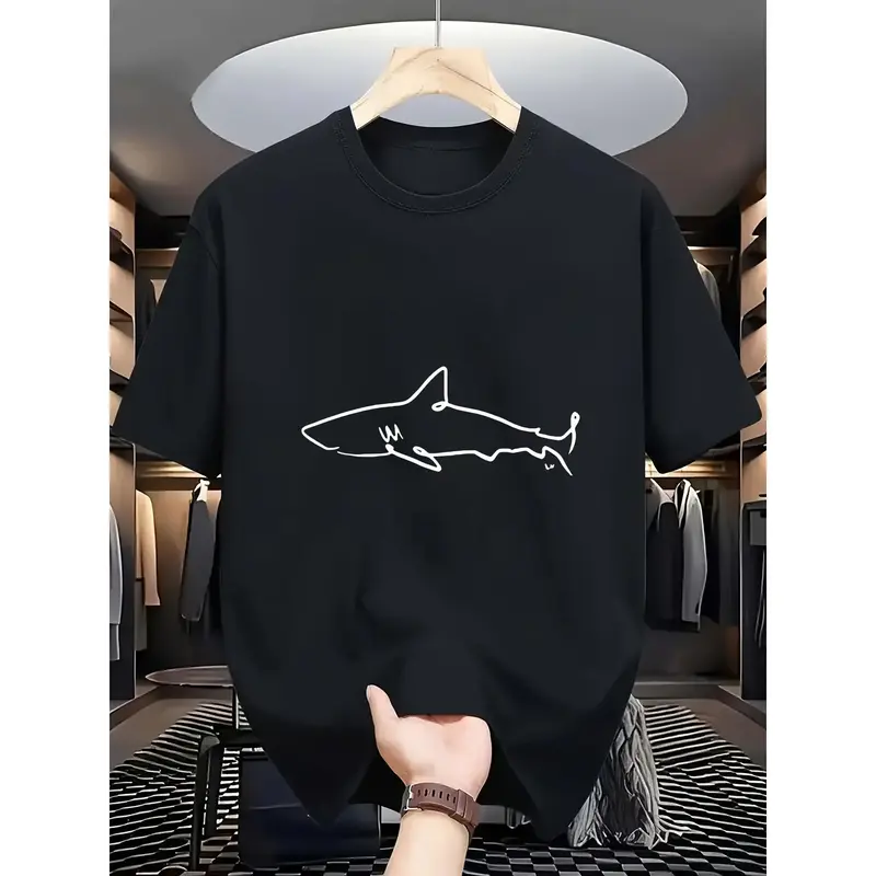 Men's 180g 100% Cotton T-Shirt with Shark Graphic Print - Breathable Summer Casual Tee, Loose Fit Plus Size S-3XL, Black/Whit...