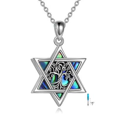 Sterling Silver Abalone Shellfish Tree Of Life & Star Of David Urn Necklace For Ashes