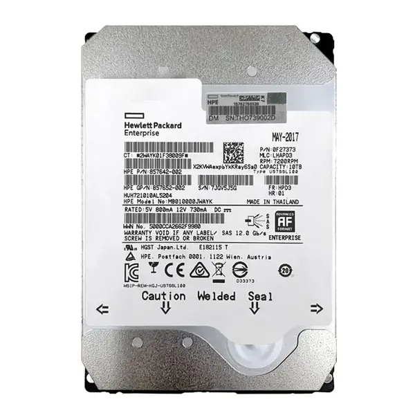 857642-002 HP 10TB 7200RPM SAS 12GB/s Hot-Pluggable 3.5-Inch LPc Hard Drive for ProLiant Gen10/Gen10+/Gen11 Servers