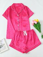 Women's Leopard Print Short Sleeve Pajama Set, Casual Comfy Button Front Lapel Neck Top & Bow Decor Elastic Waist Shorts Pj S...
