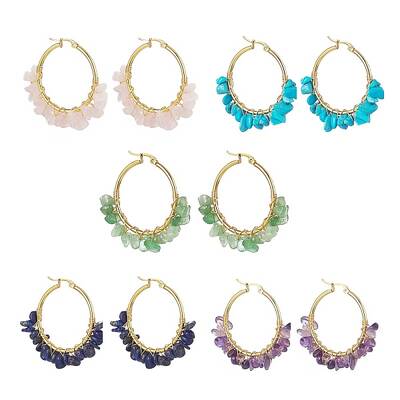 Gemstone Chips Beaded Hoop Earrings