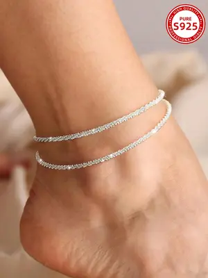 S925 Sterling Silver Glittering Layered Anklet for Women, Fashionable Minimalist Chain Anklet for Summer Beach Vacation Decor...