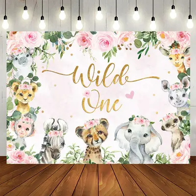 Aperturee Floral Animals Wild One Pink Birthday Backdrop