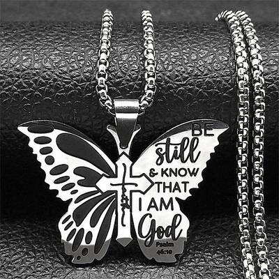 304 Stainless Steel Be Still & Know Butterfly Pendant Box Chain Necklaces