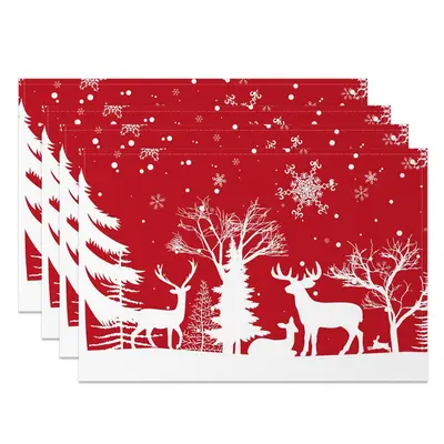 Aperturee Red White Elk Snowy Christmas Set Of 4 Placemats, 14x12 Inch, 15.8 USD, NYWH00391-S, placemats