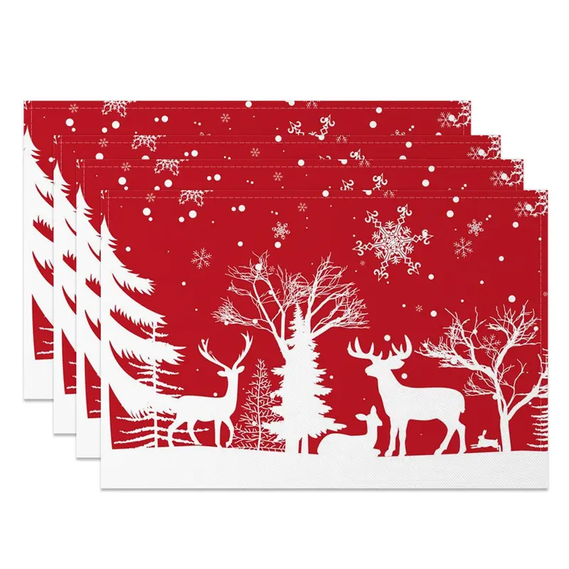 Aperturee Red White Elk Snowy Christmas Set Of 4 Placemats, 14x12 Inch, 15.8 USD, NYWH00391-S, placemats