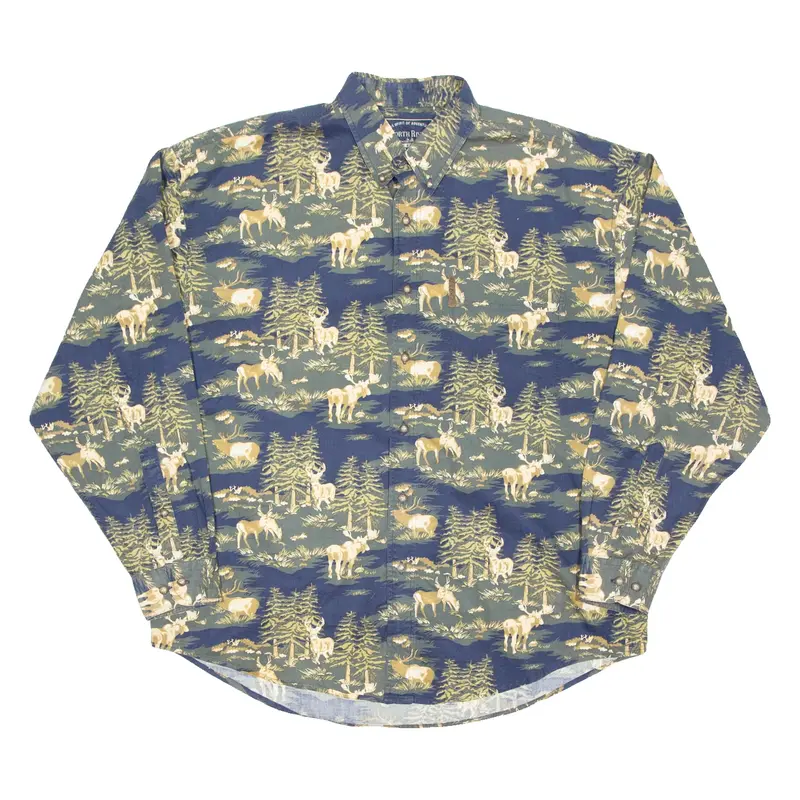 North RIVER Deer Mens Shirt Blue Crazy Pattern Long Sleeve XL