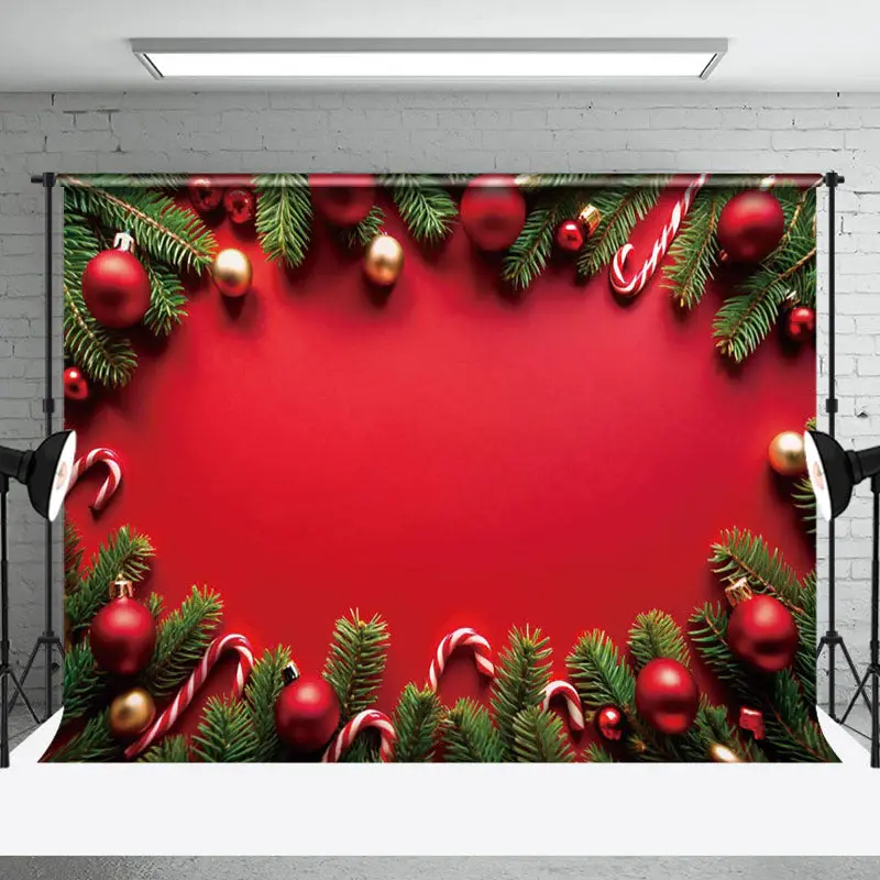 Aperturee Red Wall Pine Leaves Bells Christmas Vibe Backdrop