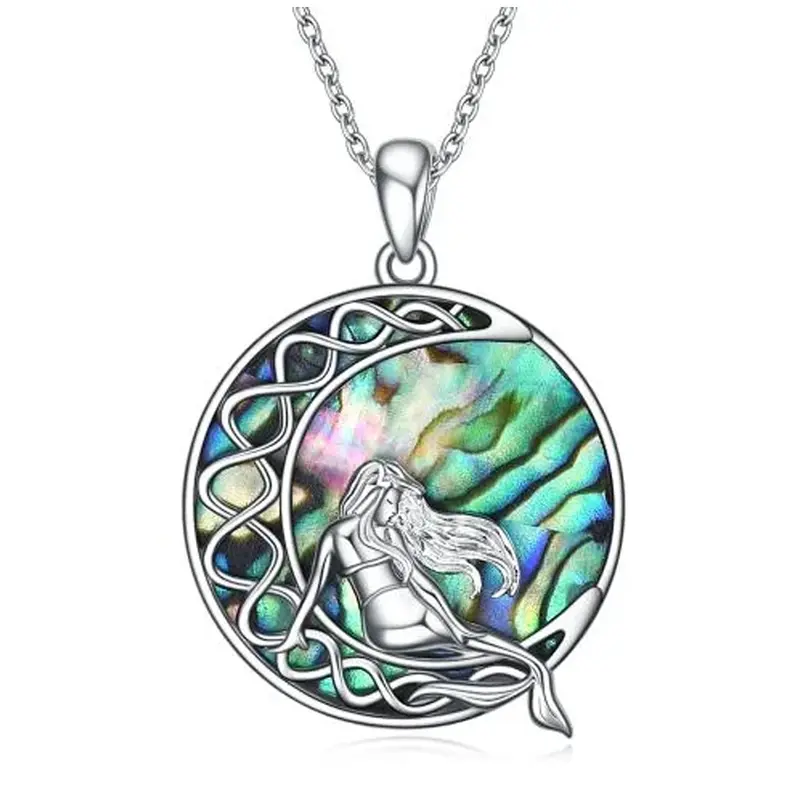Sterling Silver Abalone Shellfish Celtic Knot Moon With Mermaid Pendant Necklace For Women