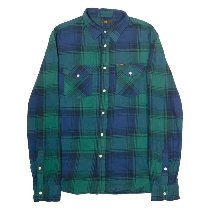 LEE Mens Flannel Shirt Green Plaid Long Sleeve M