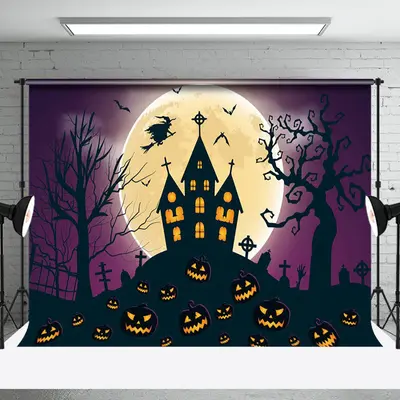 Aperturee Grave Witch House Moon Pumpkin Halloween Backdrop - Aperturee