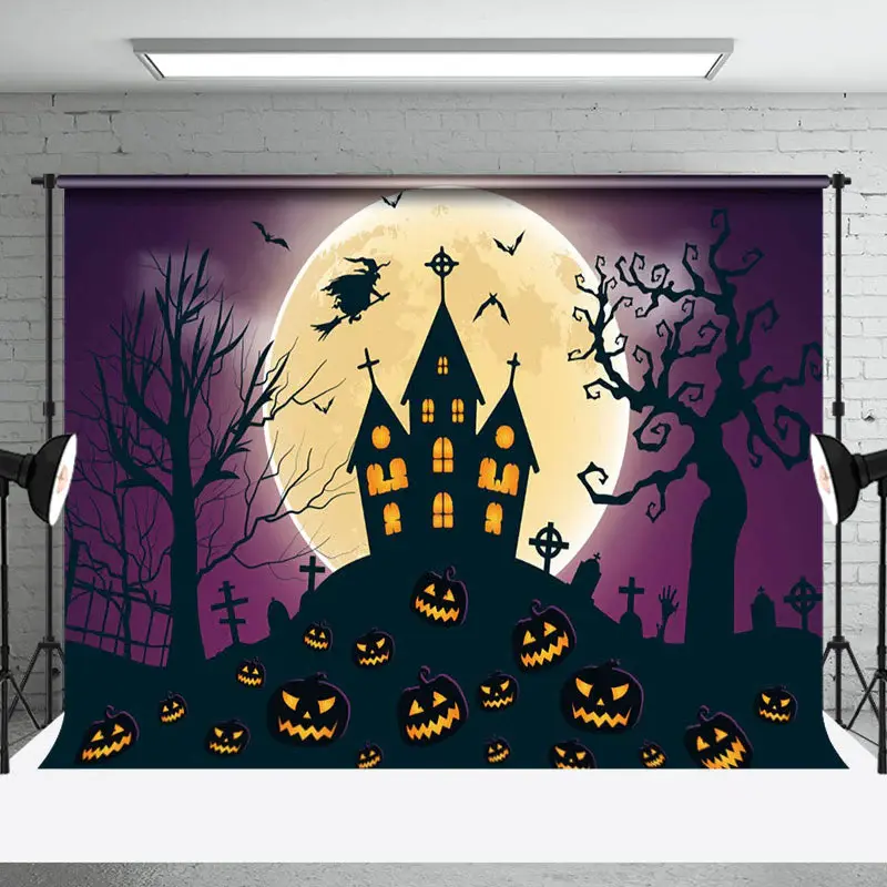 Aperturee Grave Witch House Moon Pumpkin Halloween Backdrop - Aperturee