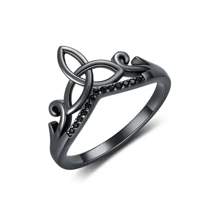 Sterling Silver with Black Color Plated Round Shaped Cubic Zirconia Celtic Knot Ring