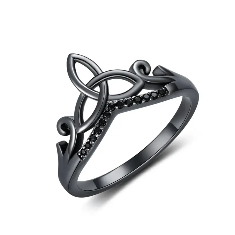 Sterling Silver with Black Color Plated Round Shaped Cubic Zirconia Celtic Knot Ring
