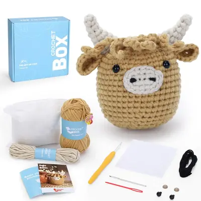 Highland Cow Crochet Kit, 1 Set DIY Highland Cow Beginners Crochet Kit, Including Soft Yarn, Step-by-Step Video Tutorial, Hoo...