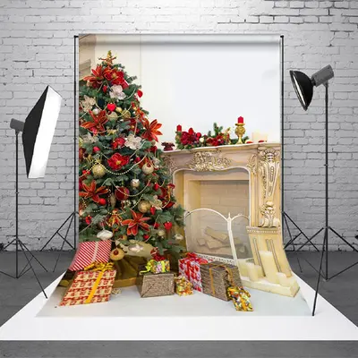 Aperturee Poinsettia Pine Tree Classic Fireplace Xmas Backdrop