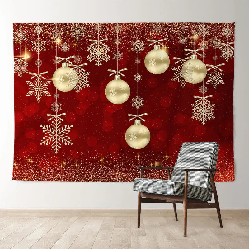 Aperturee Gold Bauble Glitter Snow Red Christmas Backdrop