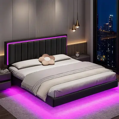 HOMBCK Floating Bed Frame with LED Lights, No mattress, Solid Wood Slats Support, No Box Spring Needed, Noise-Free, Easy Asse...
