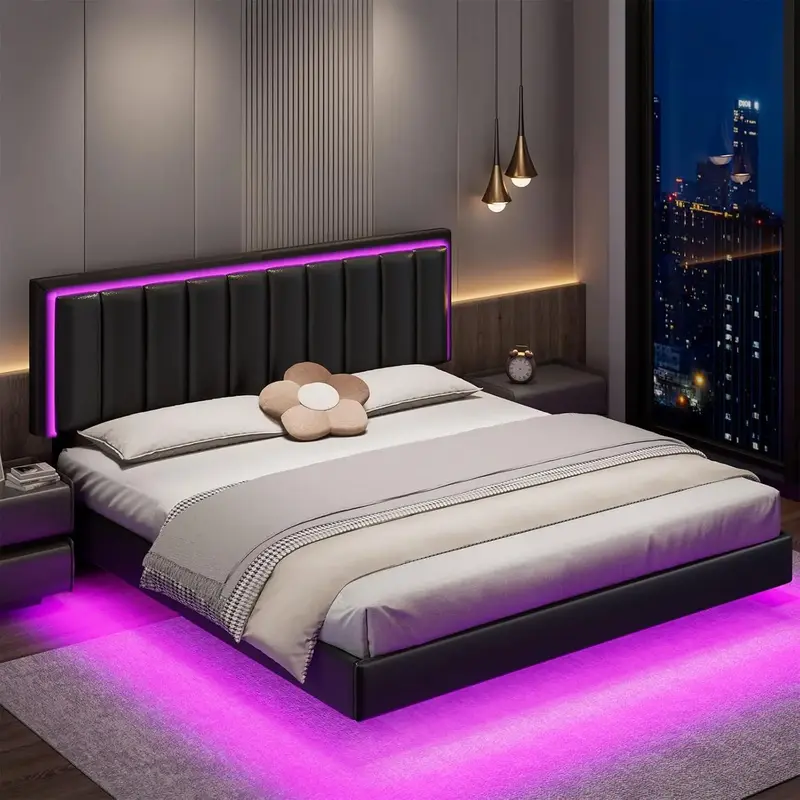 HOMBCK Floating Bed Frame with LED Lights, No mattress, Solid Wood Slats Support, No Box Spring Needed, Noise-Free, Easy Asse...