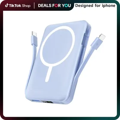 Podoru for iPhone Power Bank, for MagSafe Battery Pack 10000mAh Magnetic Travel Charger Built-in USB-C Lighting Cable for iPh...