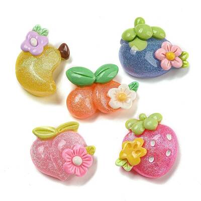 Flower Fruit Opaque Resin Decoden Cabochons with Glitter Powder