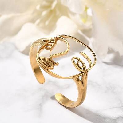 Hollow Human Face 304 Stainless Steel Open Cuff Rings for Women