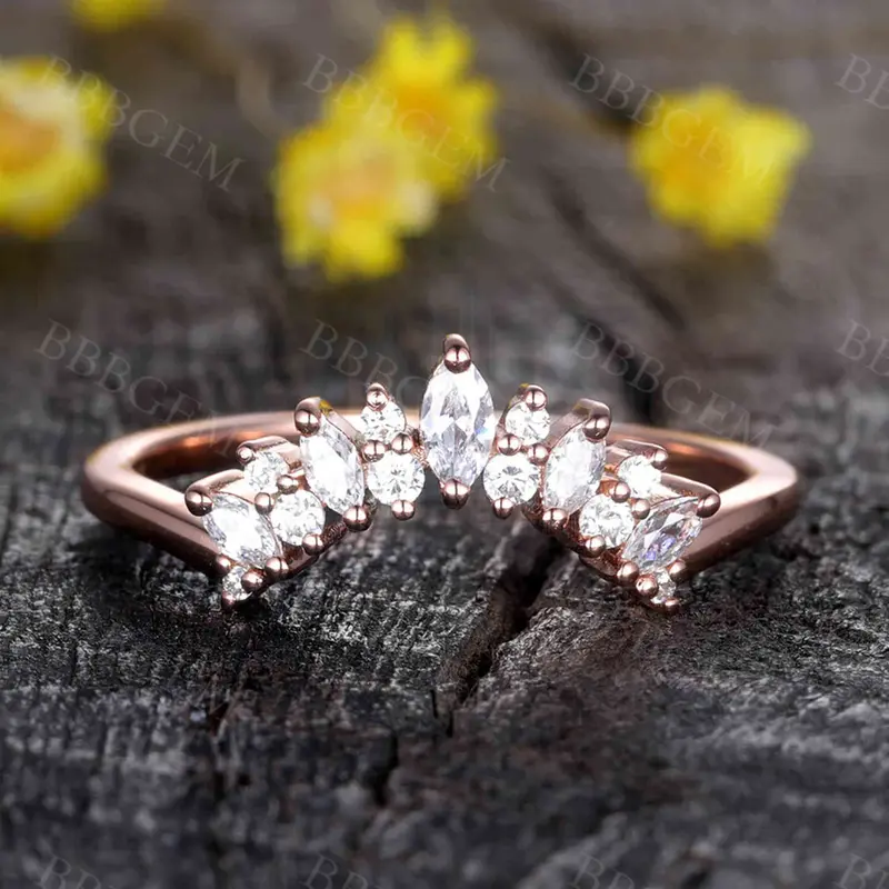 Art Deco Moissanite Wedding Band Marquise Moissanite Ring Stacking Band