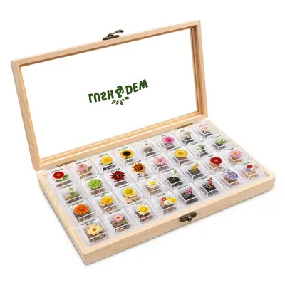 LUSH&DEW All-in-One Cut Flower Garden Seed Bank - 32 Organic Varieties for All Seasons - USDA Zone 3-10 - Wooden Storage Box ...
