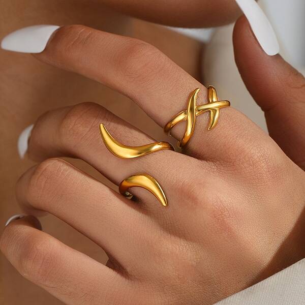 2Pcs 304 Stainless Steel Adjustable Cuff Rings Sets for Women