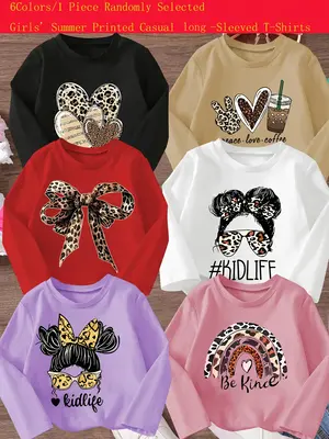 Girls' Leopard Heart Bow Print Long Sleeve T-Shirt, Casual Fitted Top for Spring & Fall, Random Style Gift