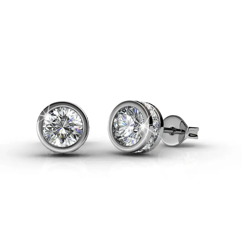 Mae 18k White Gold Plated Stud Earrings with 34 Simulated Diamond Crystals, 25mm Diameter, Hypoallergenic Lead & Nickel Free