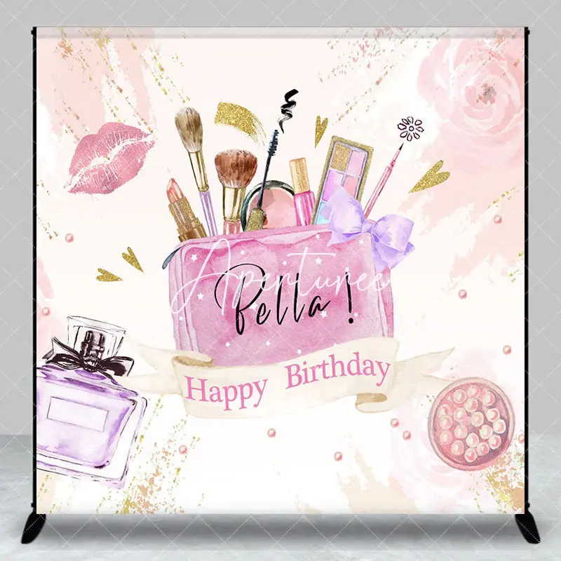 Aperturee Pink Cosmetics Perfume Custom Name Birthday Backdrop, 3X3FT(1X1M), 15 USD, custom birthday backdrops, DZAH0C909-O