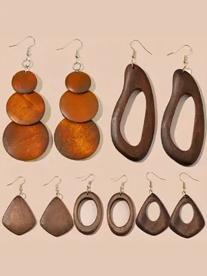 Wooden Dangle Earrings, Boho Style Hollow Out Geometric Design Earrings, Fashion Jewelry Accessories for Women & Girls
