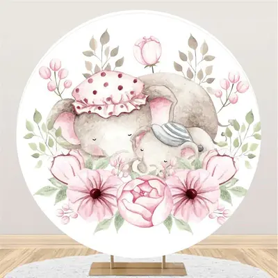 Aperturee Pink Floral And Sleepy Elephant Round Baby Shower Backdrop | Baby Shower Backdrop Ideas | Round Backdrop Baby Showe...
