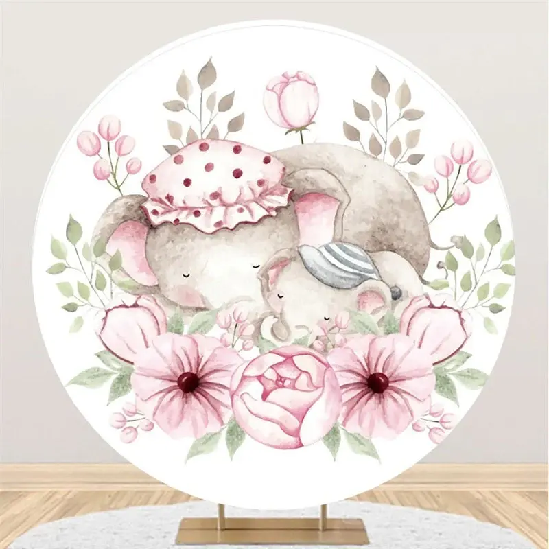 Aperturee Pink Floral And Sleepy Elephant Round Baby Shower Backdrop | Baby Shower Backdrop Ideas | Round Backdrop Baby Showe...