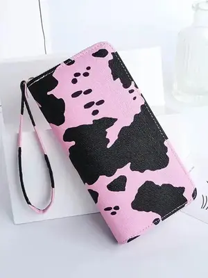 Women's 1 Piece Y2k Style Casual Cow Print Long Wallet, Fashionable Colorblock Zipper Wristlet Clutche Purse, Female Trendy C...