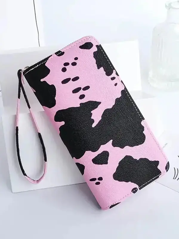 Women's 1 Piece Y2k Style Casual Cow Print Long Wallet, Fashionable Colorblock Zipper Wristlet Clutche Purse, Female Trendy C...
